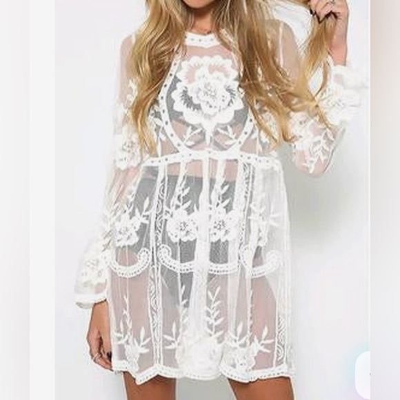 Boutique Other - NWT Boutique White Crochet Lace Swimsuit Cover Up Sheer Beach Tunic Dress